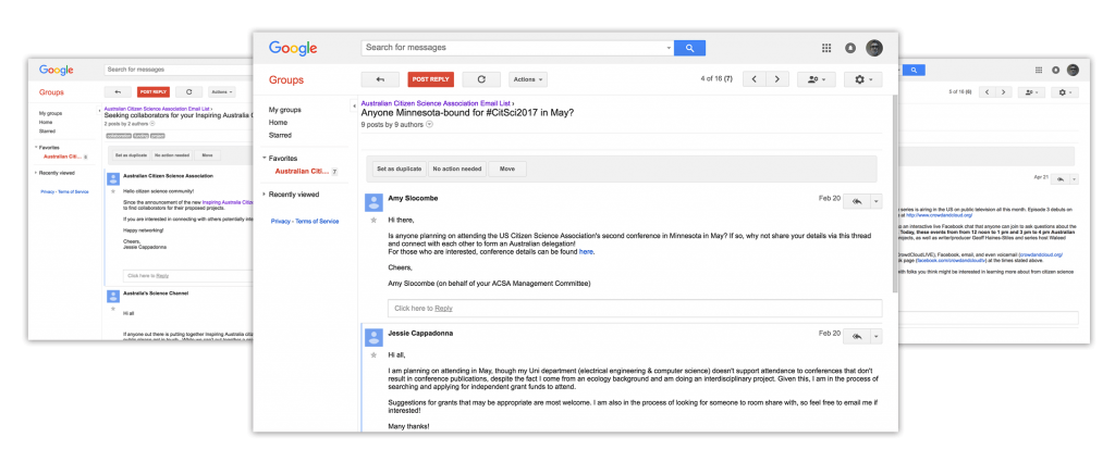 Screen shots of the Citizen Science Google Group