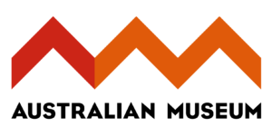 Logo of the Australian Museum, featuring their name in bold, black, all-caps text in the lower quarter, and their orange and red zig-zag design above.