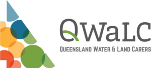 Logo of Queensland Water and Land Carers, featuring their name and acronym "QWaLC", as well as a design with red, yellow, green and blue circles.