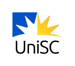 Logo of the University of the Sunshine Coast, featuring their abbreviation - UniSC - in black font in the lower third, and a blue and yellow starburst design above.